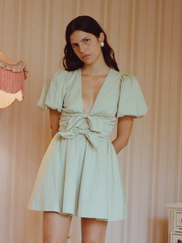 Elodie Bow Lace-Up Cotton Mini Dress