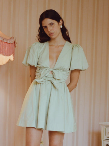 Elodie Bow Lace-Up Cotton Mini Dress