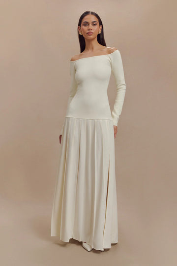 Isadora Knit Off-Shoulder Pleated Maxi Dress – Ivory