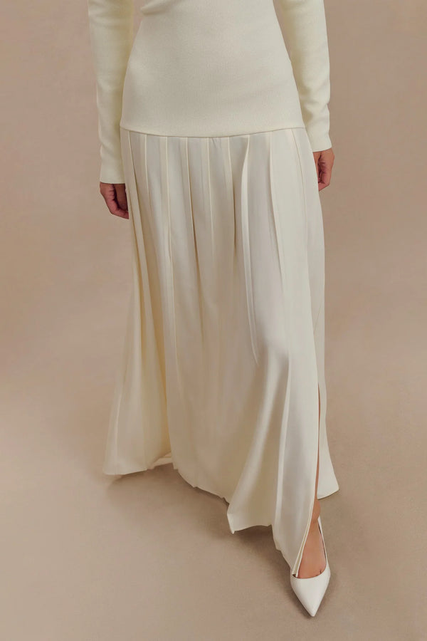 Isadora Knit Off-Shoulder Pleated Maxi Dress – Ivory