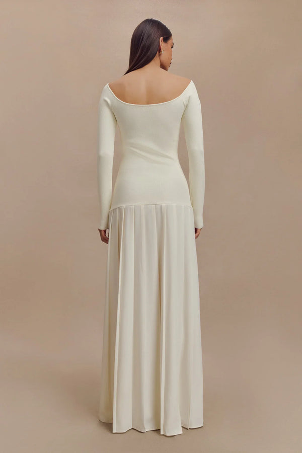Isadora Knit Off-Shoulder Pleated Maxi Dress – Ivory