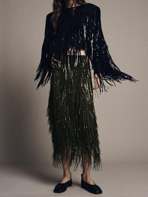 Elara Fringe – Midi Skirt
