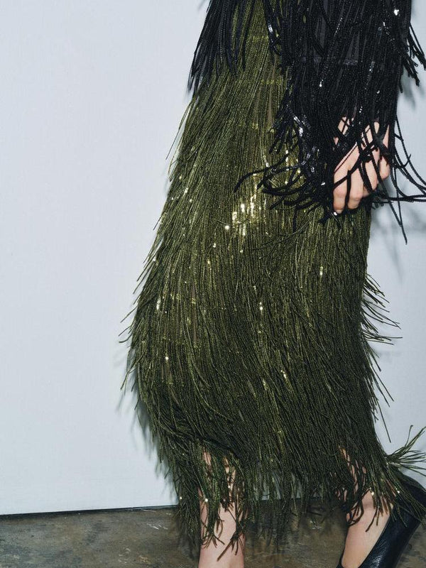 Elara Fringe – Midi Skirt