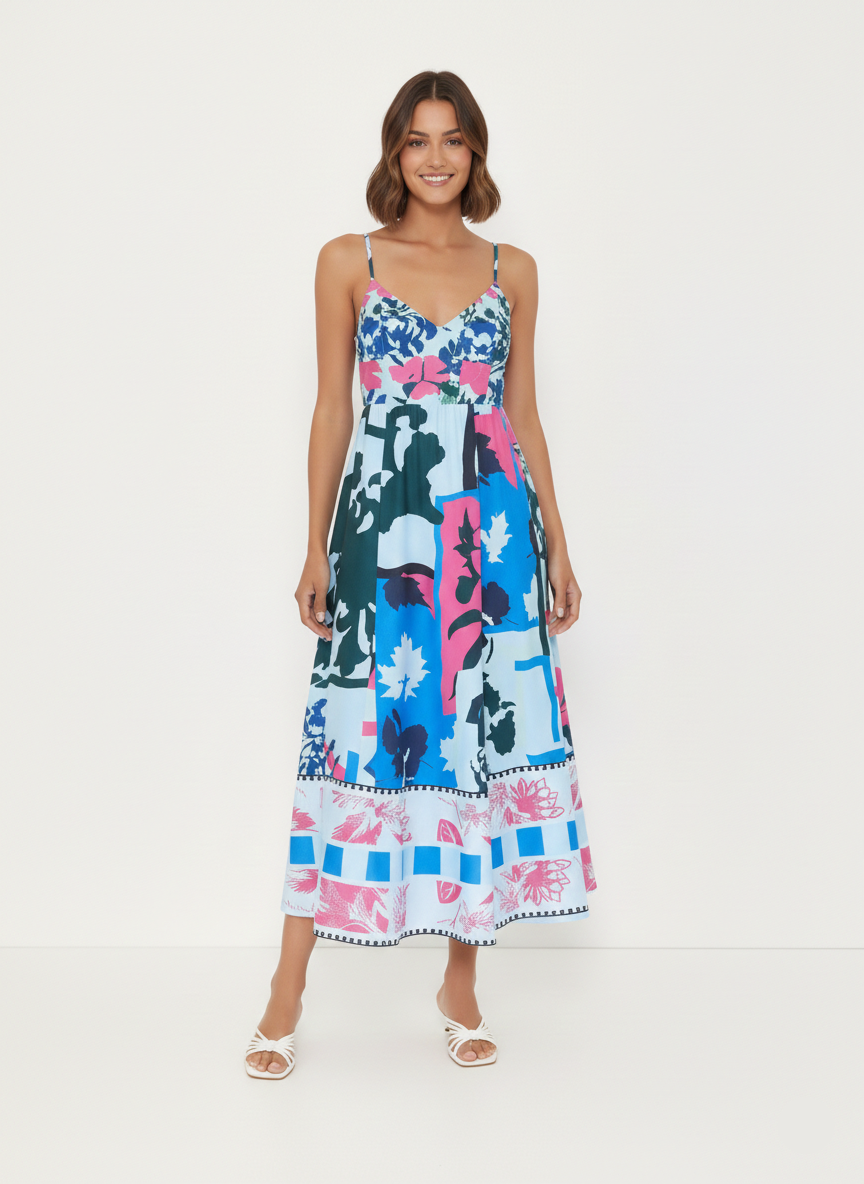 Aurelia Abstract Patchwork Slip Maxi Dress