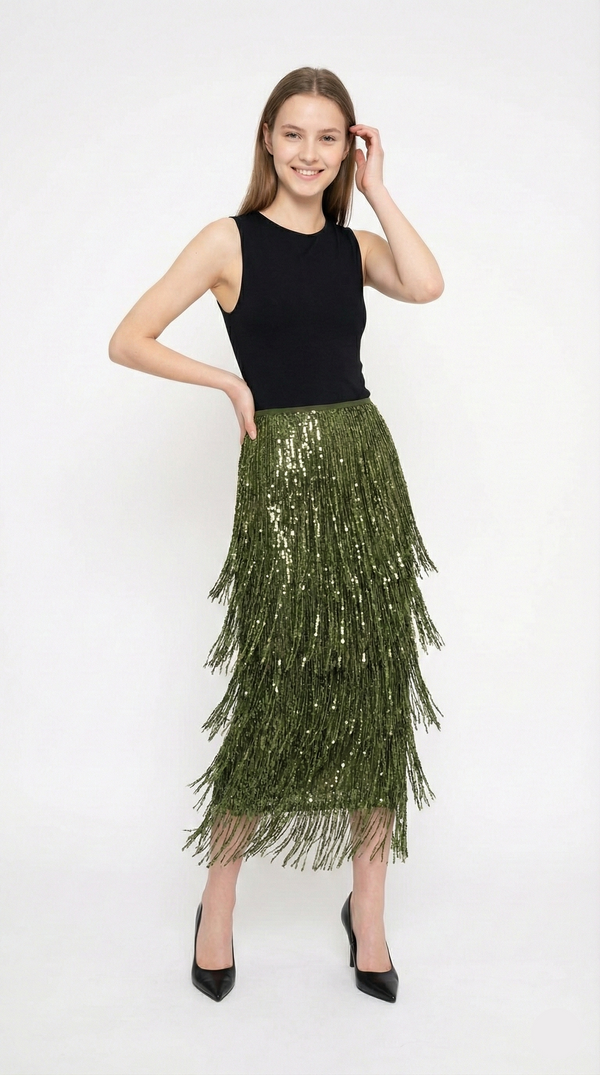 Elara Fringe – Midi Skirt