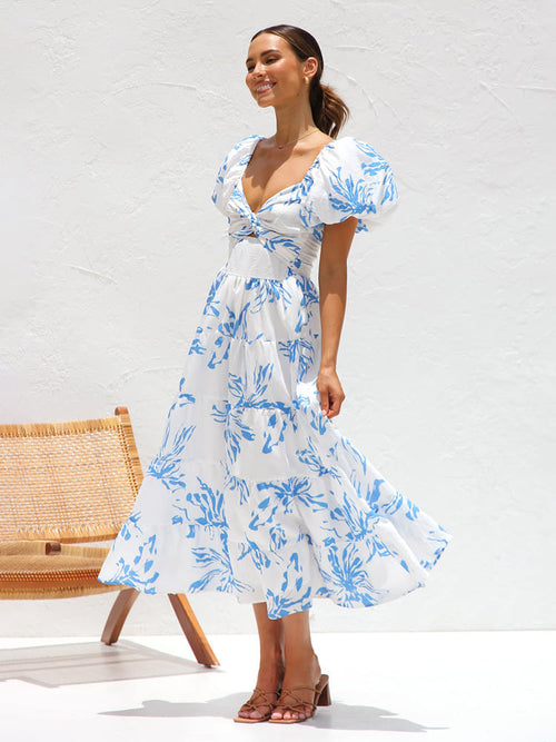 Maribel Blue Floral Midi Dress
