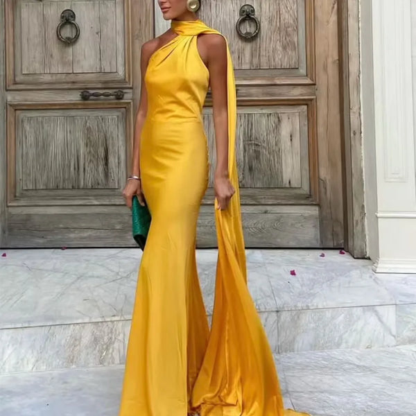 Amber Glow Satin Maxi Dress