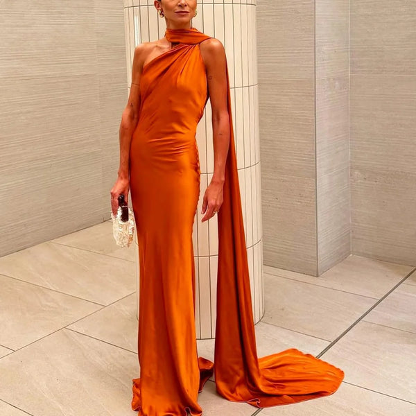 Amber Glow Satin Maxi Dress